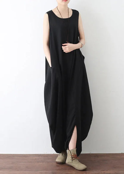 Black O-neck Zip Up Draping Pocket Chiffon Jumpsuit Sleeveless