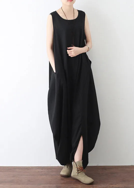 Black O-neck Zip Up Draping Pocket Chiffon Jumpsuit Sleeveless