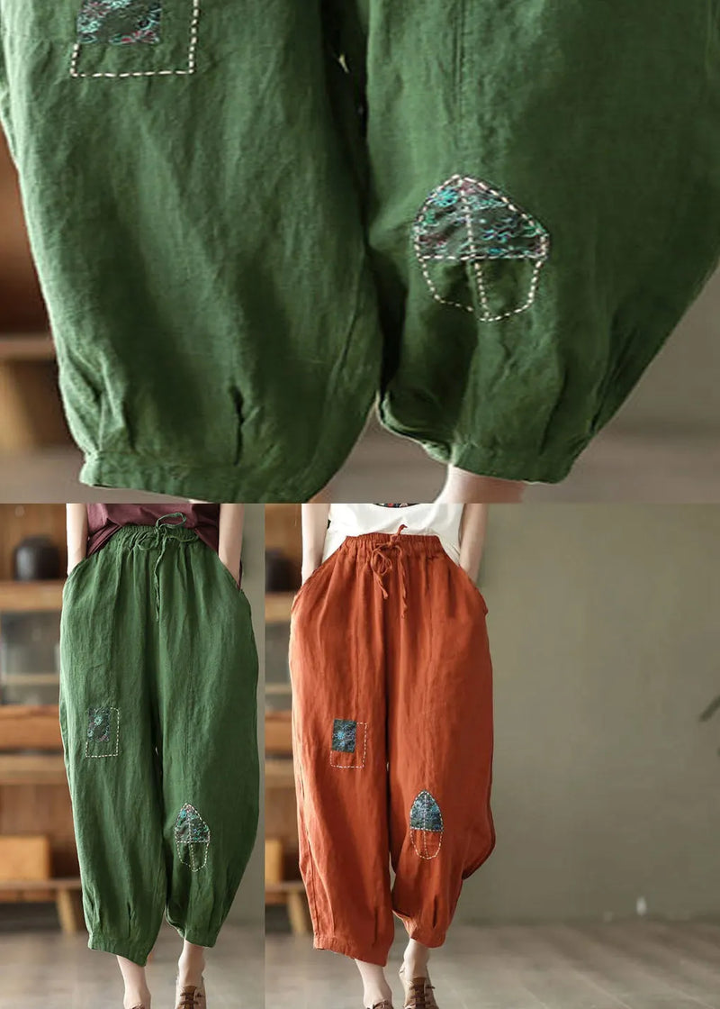 Green Pockets Print Elastic Waist Linen Harem Pants Summer