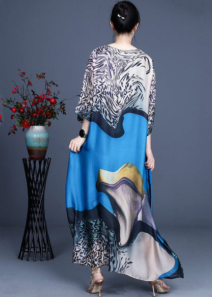 Blue O-neck Print Silk Vacation Dresses Bracelet Sleeve
