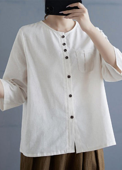 Linen Color O Neck Button Cotton Top Bracelet Sleeve