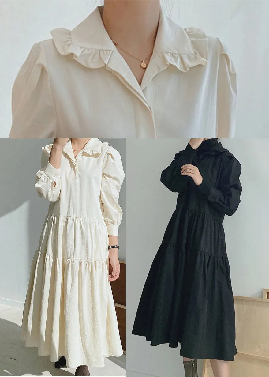 Black Ruffled Wrinkled Cotton Dress Spring