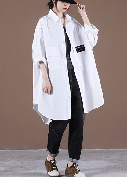French White Peterpan Collar Pockets Fall Long Sleeve Blouses
