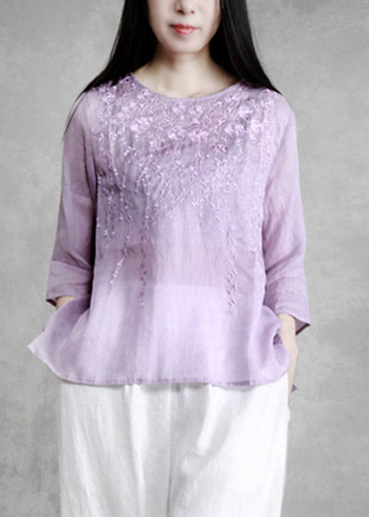Boutique Violet O-neck Embroideried Linen Shirts Long Sleeve