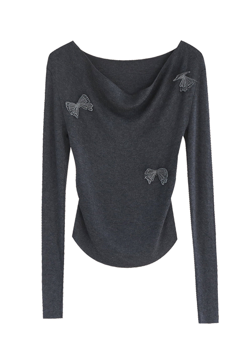 Original Design Grey Slash Neck Butterfly Knit Top Spring