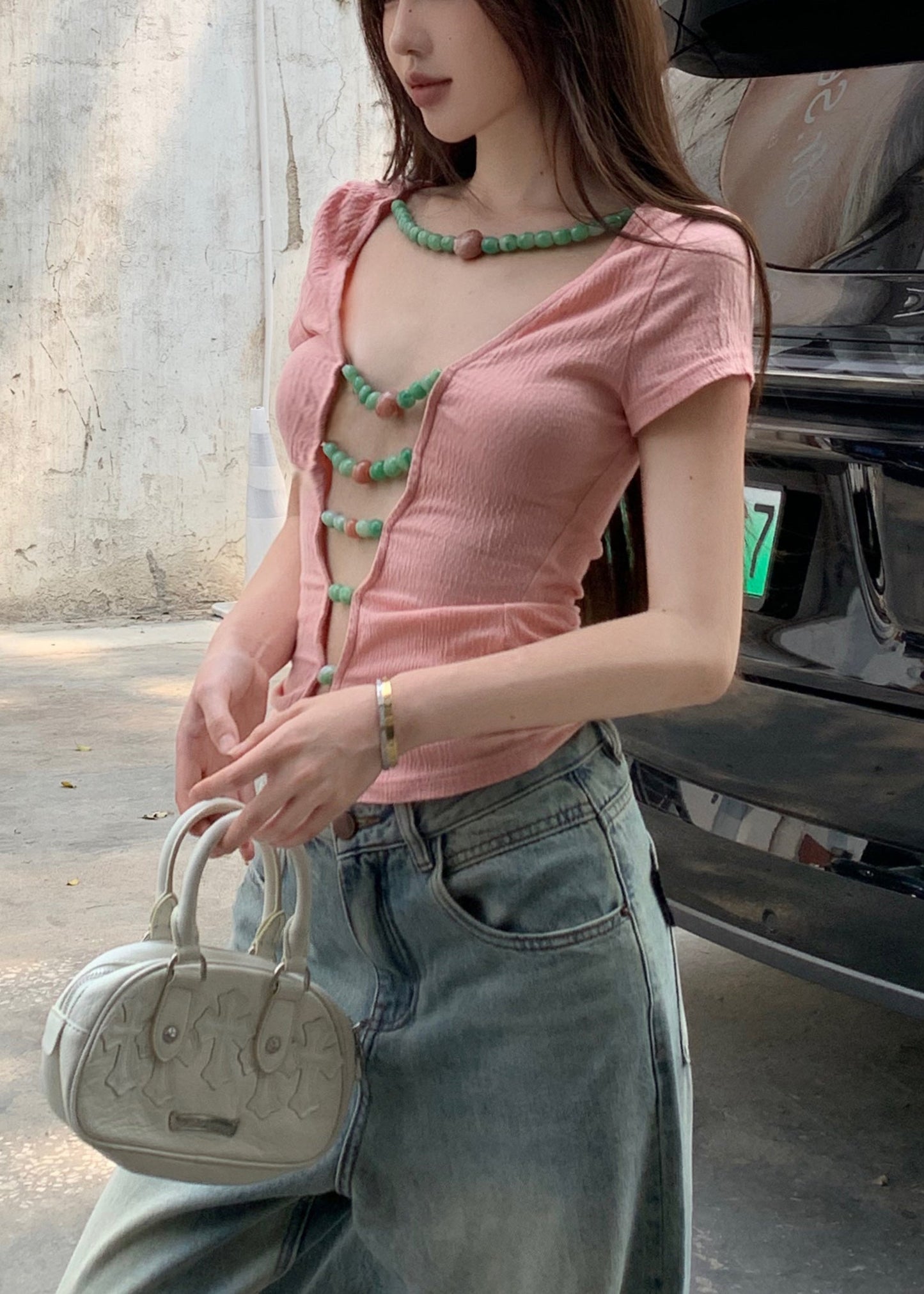 Pink Beading Wear on Both Sides Cotton T Shirts Summer