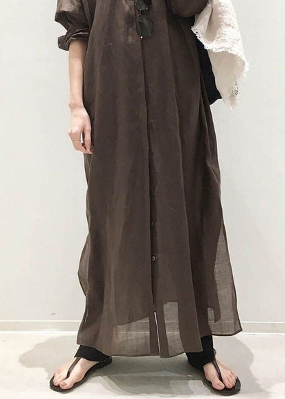 Coffee Stand Collar Cotton Shirts Dresses Long Sleeve