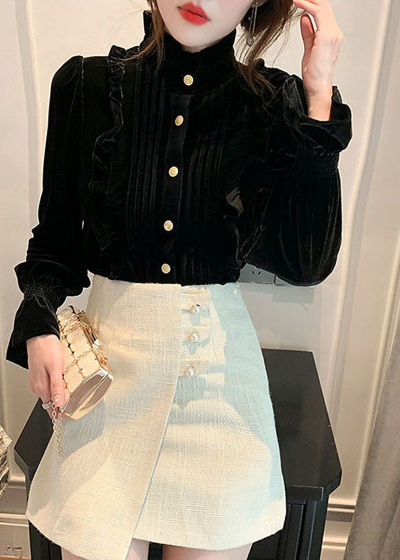 Black Stand Collar Ruffled Wrinkled Silk Velour Shirts Long Sleeve