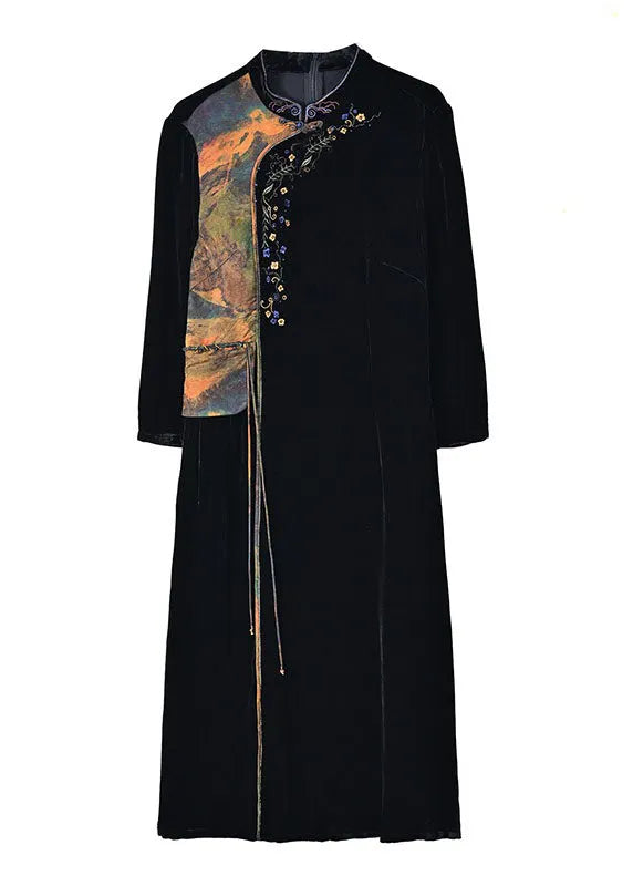 Black Print Embroideried Tassel Silk Velour Maxi Dresses Fall