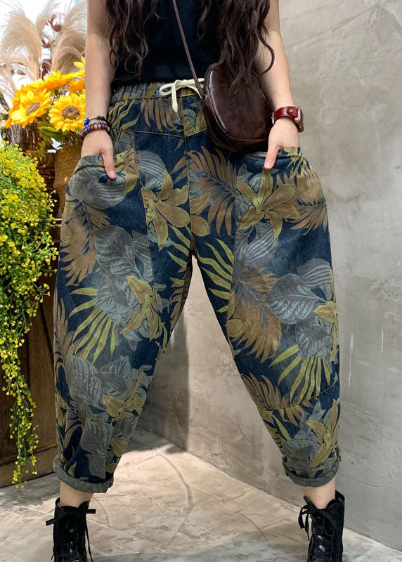 Blue Cinched Print Patchwork Denim Pants Spring