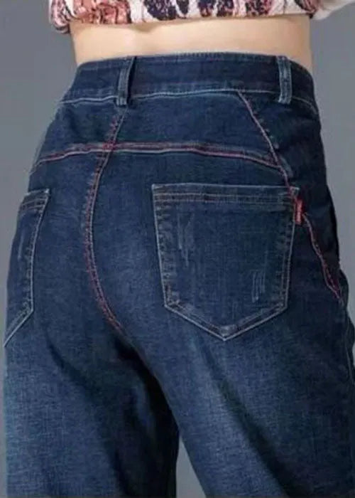 Fitted Navy High Waist Pockets Color Cotton Denim Pants Fall