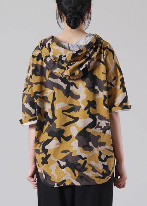 Yellow Camouflage Hooded Cotton Summer Blouses