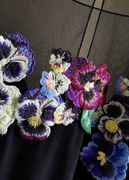French Black O-neck Embroideried Patchwork Silk Tops Spring