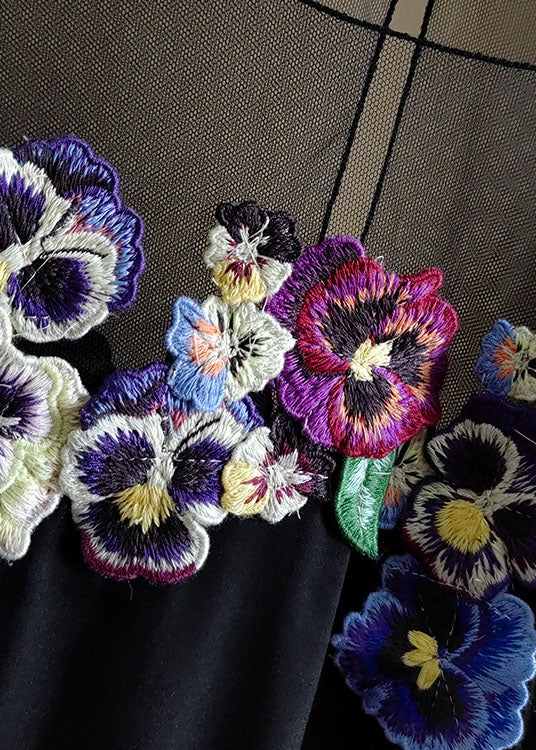 French Black O-neck Embroideried Patchwork Silk Tops Spring