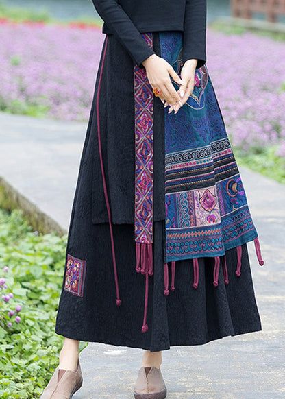 Handmade Navy Embroideried Elastic Waist Tassel Linen Skirt Fall