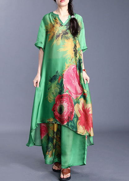 Green V Neck Print Silk Two-piece Set Short Sleeve
