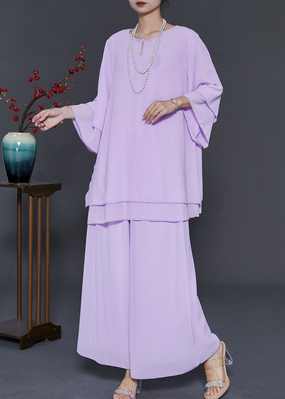 Purple Oversized Draping Chiffon Two Pieces Set Summer