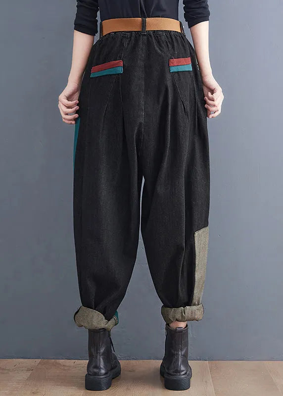 Colorblock Pockets Patchwork Cotton Denim Harm Pants Summer