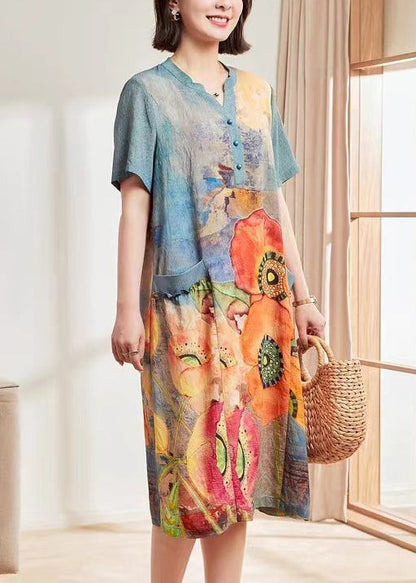 Blue Print Pockets Cotton Dresses Short Sleeve