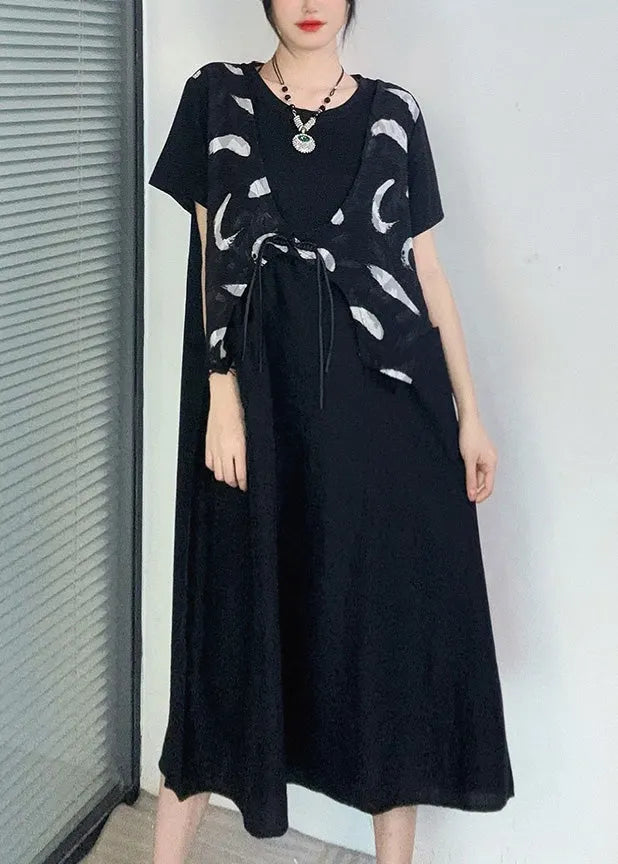 Black Print Button Fake Two Pieces Long Dress Short Sleeve