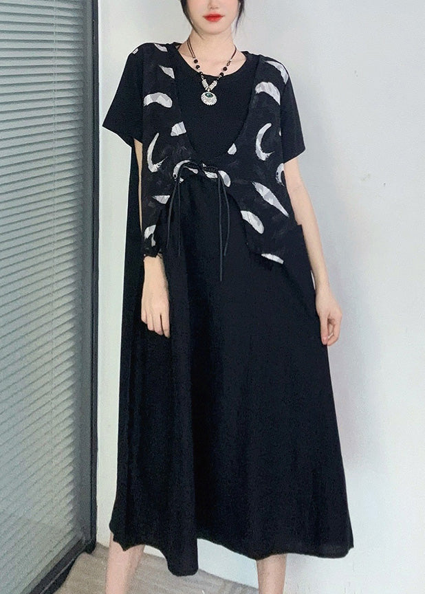 Black Print Button Fake Two Pieces Long Dress Short Sleeve