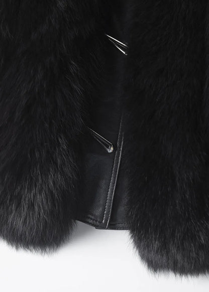 New Black Button Patchwork Leather and Fur Waistcoat Sleeveless