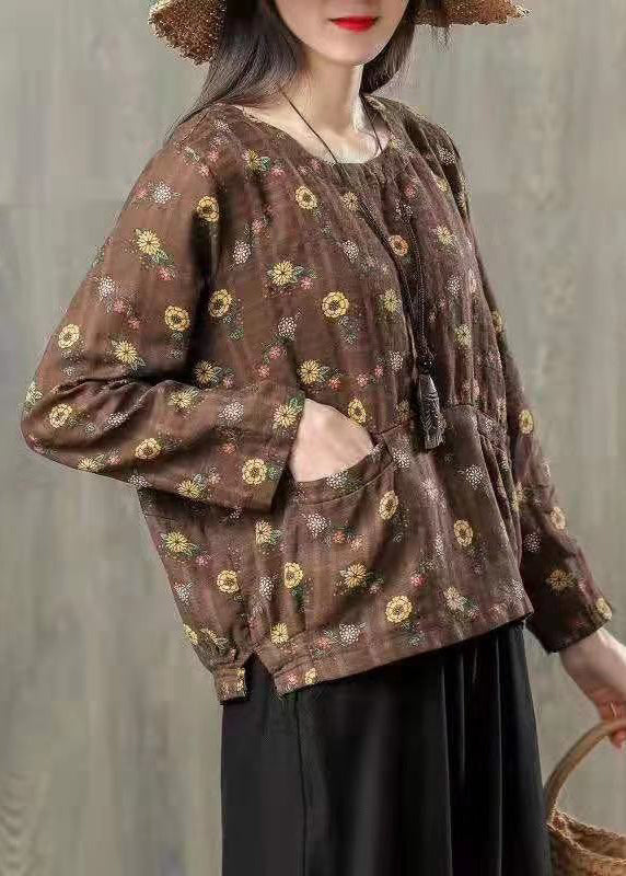 Red Print O Neck Patchwork Cotton T Shirt Top Fall