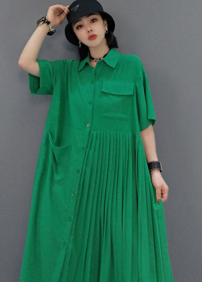 Italian Green Peter Pan Collar Patchwork Wrinkled Color Cotton Shirt Dress Short Sleeve