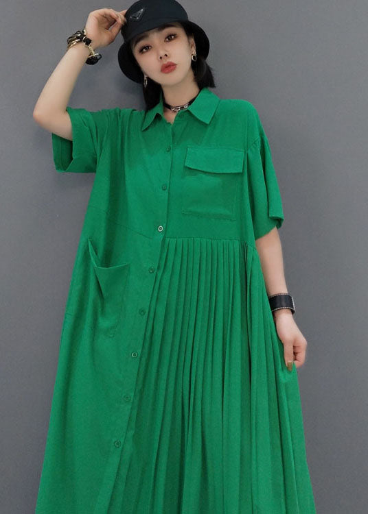Italian Green Peter Pan Collar Patchwork Wrinkled Color Cotton Shirt Dress Short Sleeve