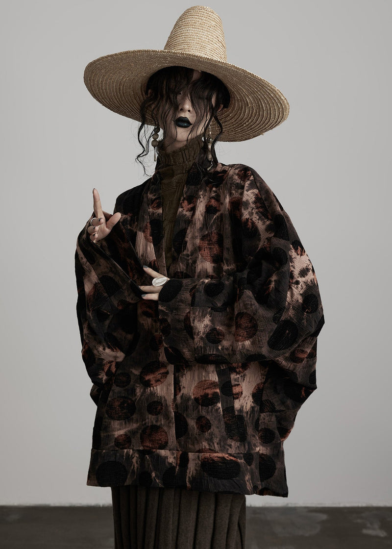 Coffee V Neck Button Tie Dye Cotton Coats Fall