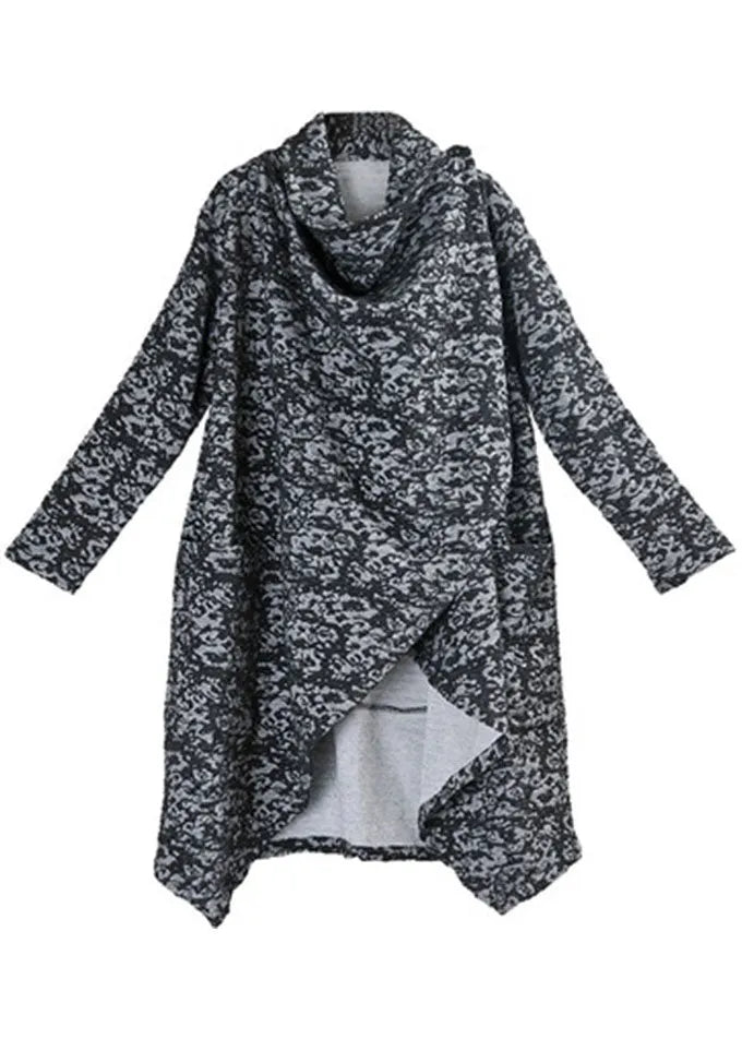 Boutique Black Grey Knit Asymmetrical Design Print Fall Coat