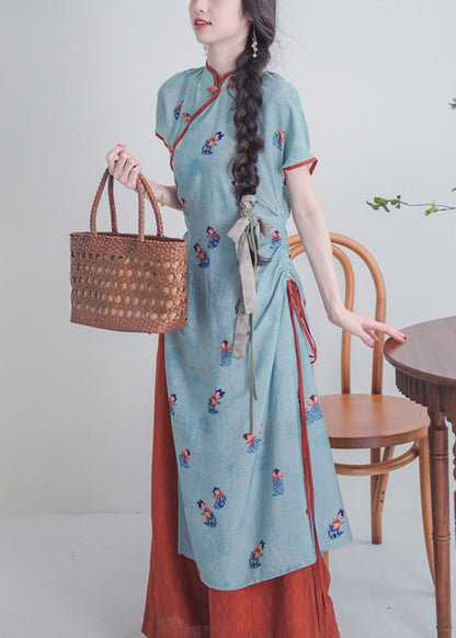 Chinese Style Blue Stand Collar Button Print Cotton Sets 2 Pieces Summer
