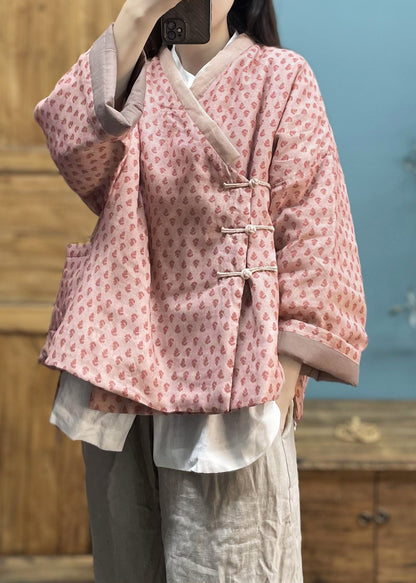 Pink Print Button Pockets Cotton Filled Coat Winter