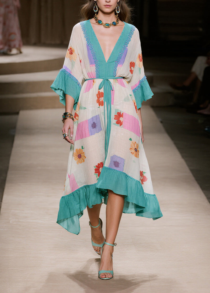 Blue Print Patchwork Ruffles Cotton Dresses Summer
