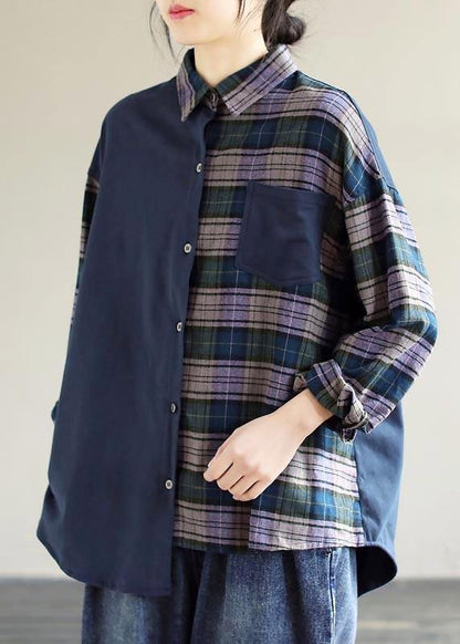 Simple Lapel Patchwork Tops Blouses Wardrobes Blue Plaid Blouse