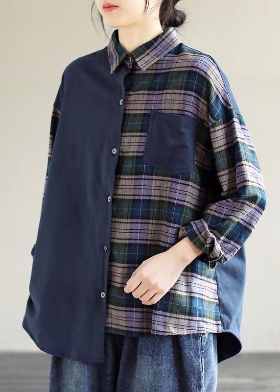 Simple Lapel Patchwork Tops Blouses Wardrobes Blue Plaid Blouse