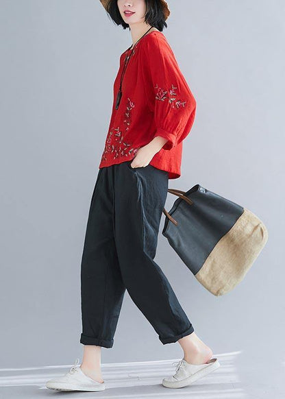 Fitted Red Lantern Sleeve Summer Cotton Linen Top
