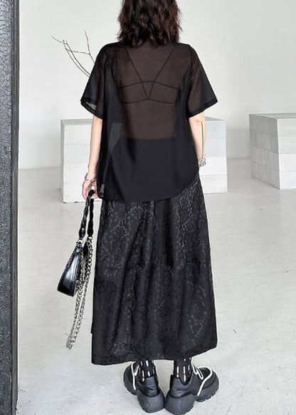 Black Jacquard Lace Up Patchwork Silk Cotton Two Piece Set Summer