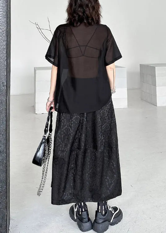 Black Jacquard Lace Up Patchwork Silk Cotton Two Piece Set Summer