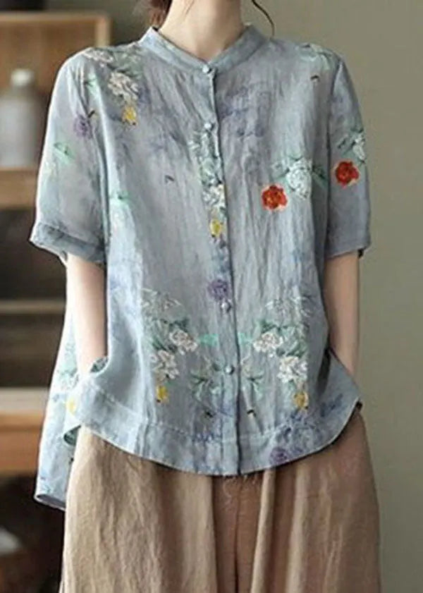 Pink Geometry Print Cotton Shirts Low High Design Short Sleeve
