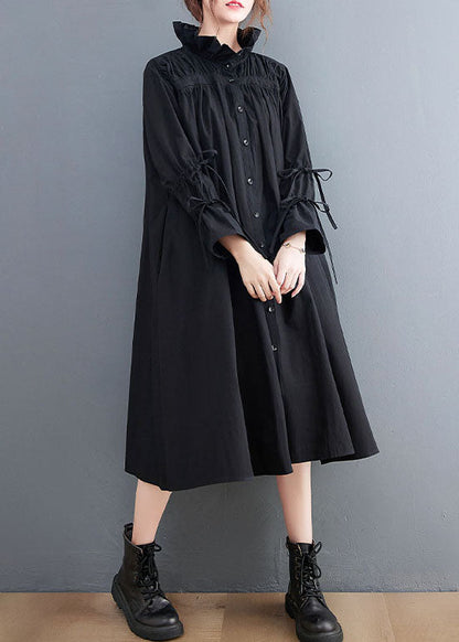 Black Ruffled Button Cotton Blouses Dresses Spring