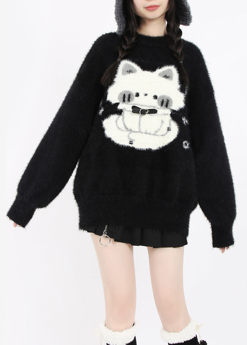 Boutique Black Oversized Cat Faux Mink Hair Knit Short Sweater Winter