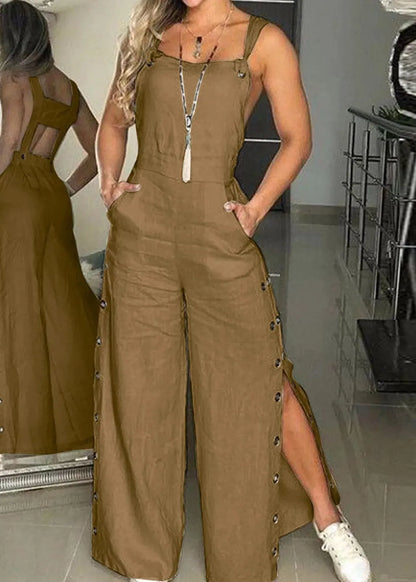 Green Backless Patchwork Cotton Jumpsuits Sleeveless
