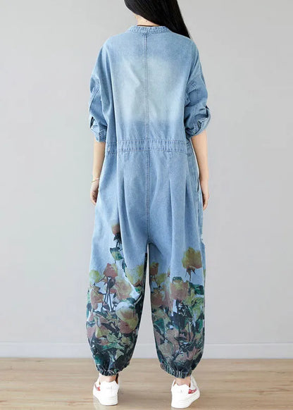 Light Blue Pockets O-neck Print Denim Jumpsuit Spring