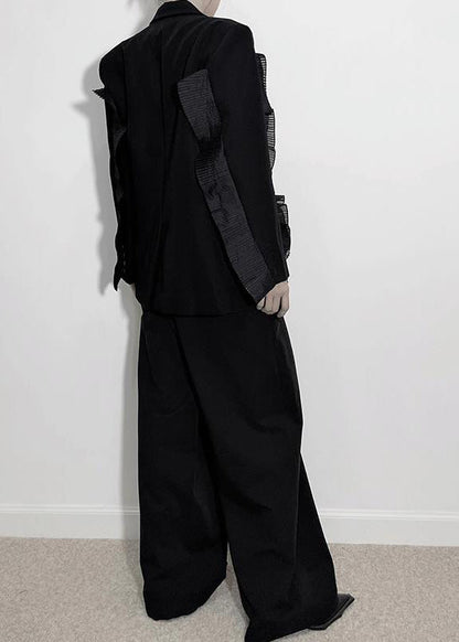 Unique Black V Neck Patchwork Coats and Wide Leg Pants Two Piece Set Long Sleeve