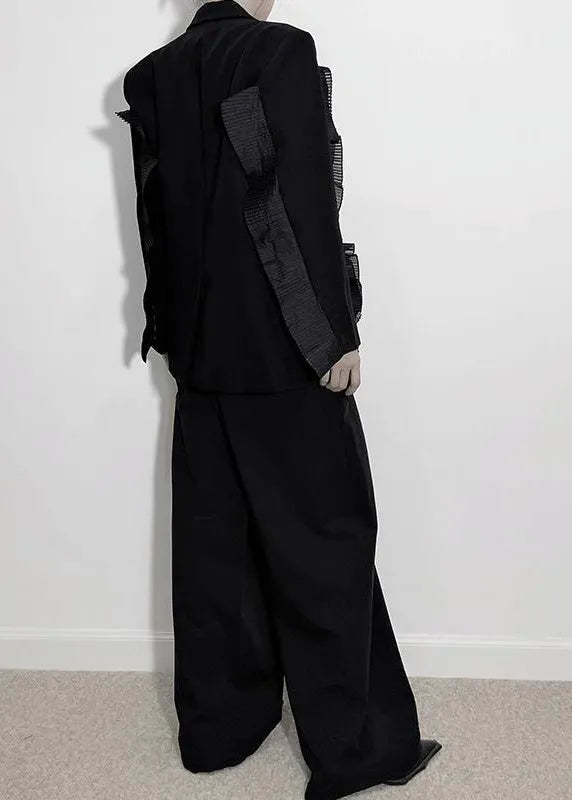Unique Black V Neck Patchwork Coats and Wide Leg Pants Two Piece Set Long Sleeve