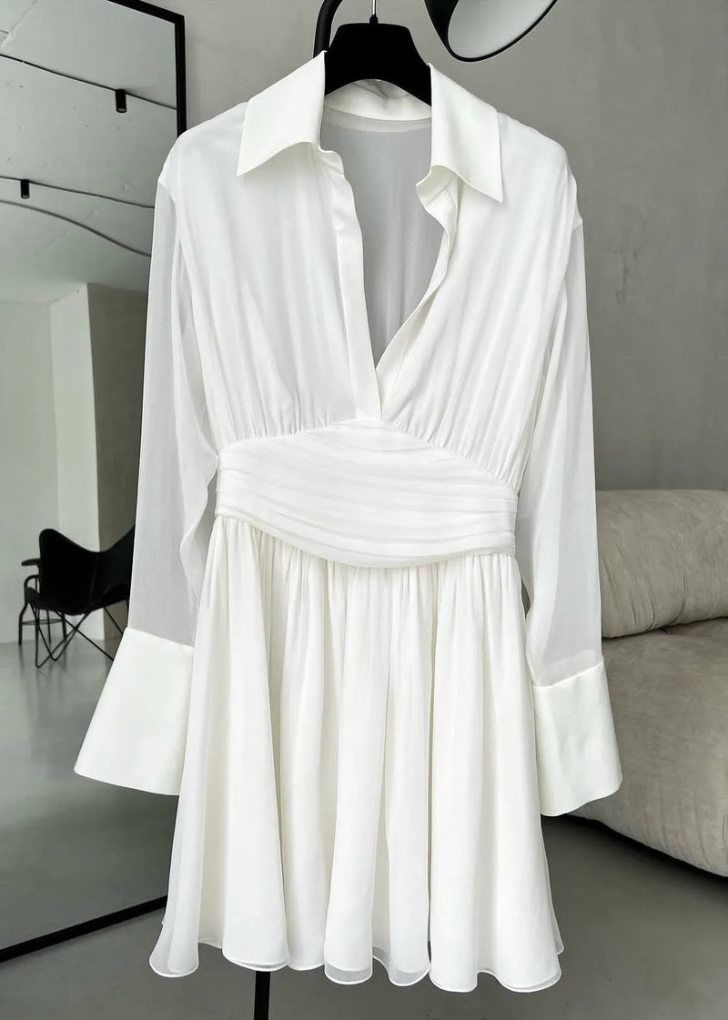French Black Peter Pan Collar Button Chiffon Shirts Dress Spring