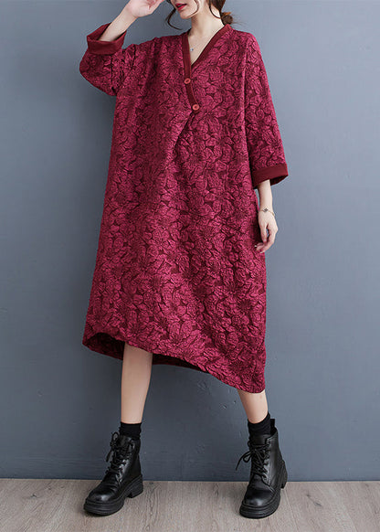 Red V Neck Jacquard Patchwork Cotton Dress Fall