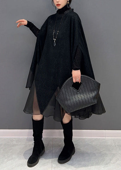 Black Ruffled Patchwork Organza Dress Batwing Sleeve