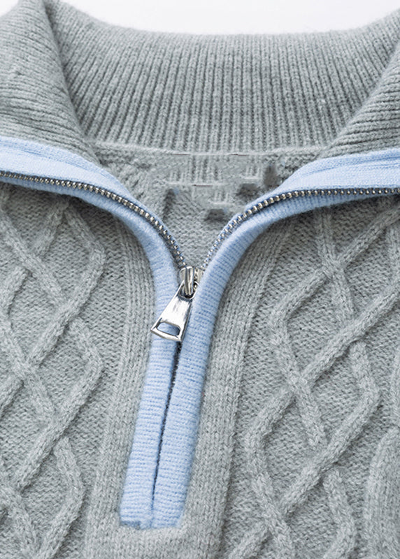 Grey Zippered Patchwork Thick Cotton Knit Sweaters Tops Fall